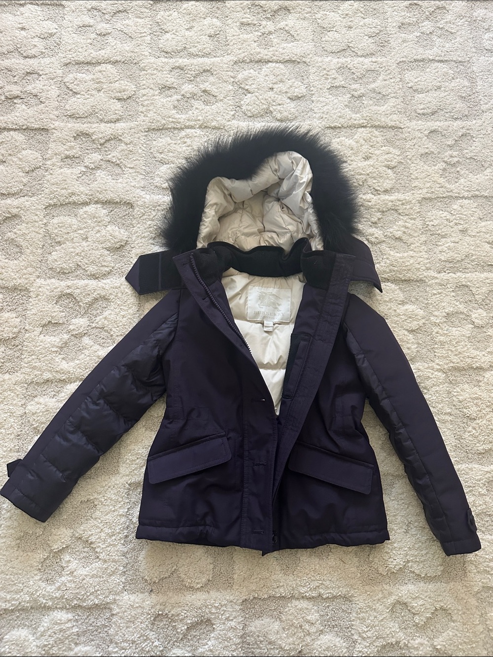 Burberry Girls Quilted Hooded Puffer Jacket - Dark Purple with Black Fur Trim
